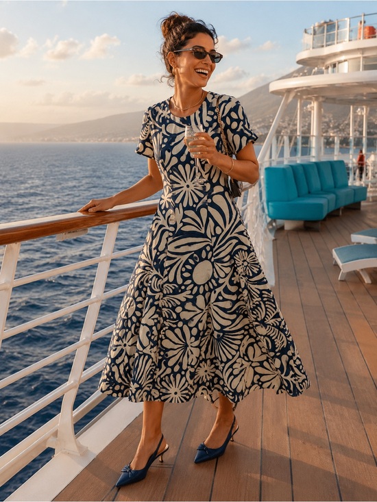Prosperina Dresses & Skirts - Prosperina Navy & Cream Floral Midi Dress